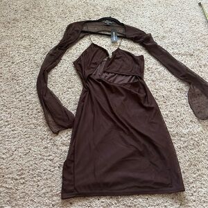 Pretty Little Thing Chocolate Brown Shape Mesh Detail Overlay Bodycon Dress